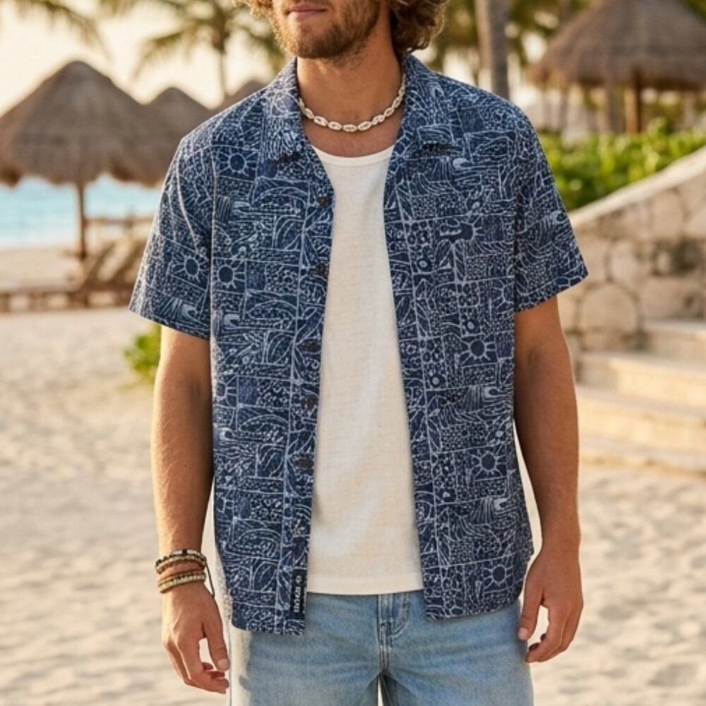 Costa Del Mar XXL Men's Blue & Taupe Pattern Short Sleeve Camp Shirt